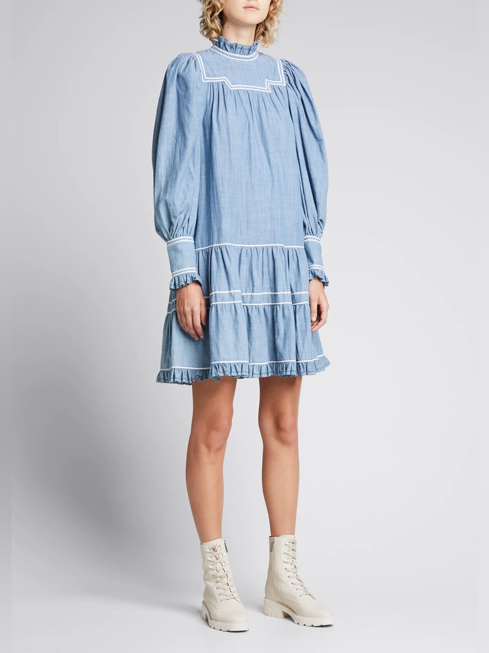 Ulla Johnson Blue Chambray Blanche Ruffle Mini Dress - size 0